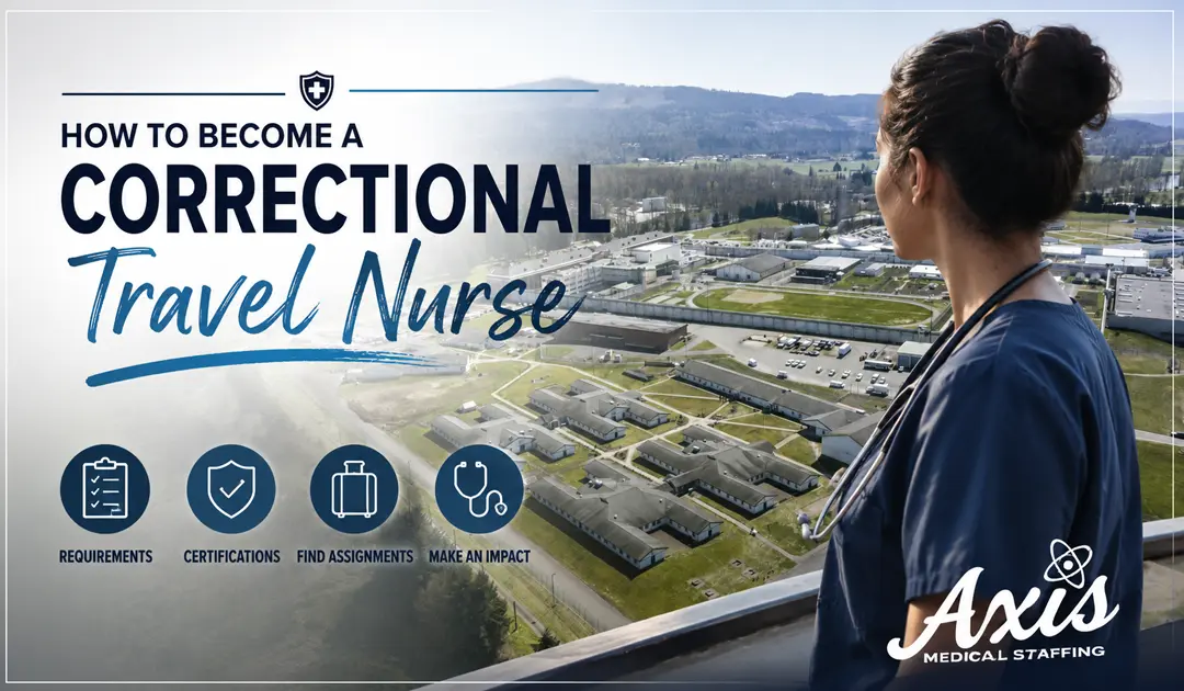 How to Become a Correctional Travel Nurse Correctional travel nurse walking through a facility corridor at shift start